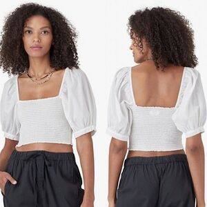 Xirena Issa Smocked Square Neck Puff Sleeve‎ Crop Top White Medium